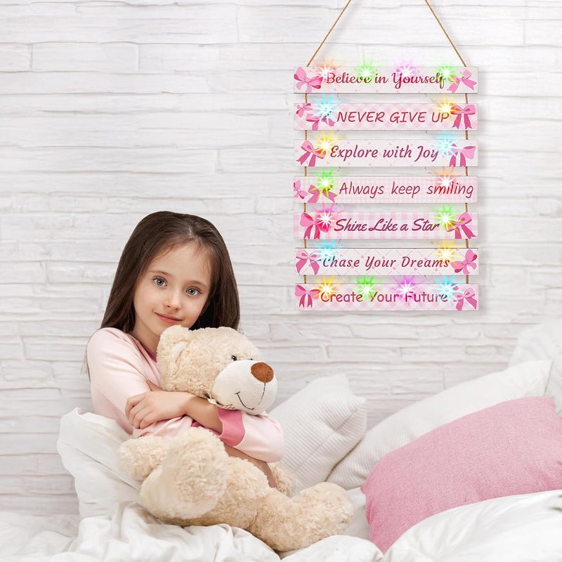 FIOBEE Girls Room Décor for Teen Girls Boys with LED Light Wall Decor for Bedroom Motivational Inspirational Wall Art Room Decoration for Kids Studyroom, 8 Kinds of Lights, Pink Bow - Image 2